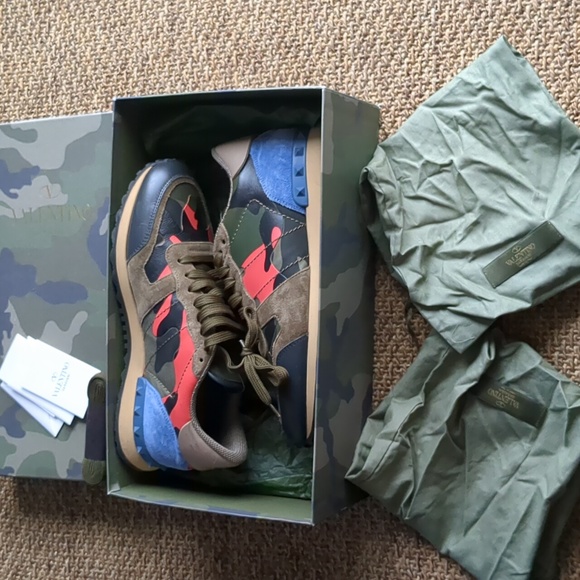 Valentino Rockrunner Low Top Athletic Sneakers Camo Leather US